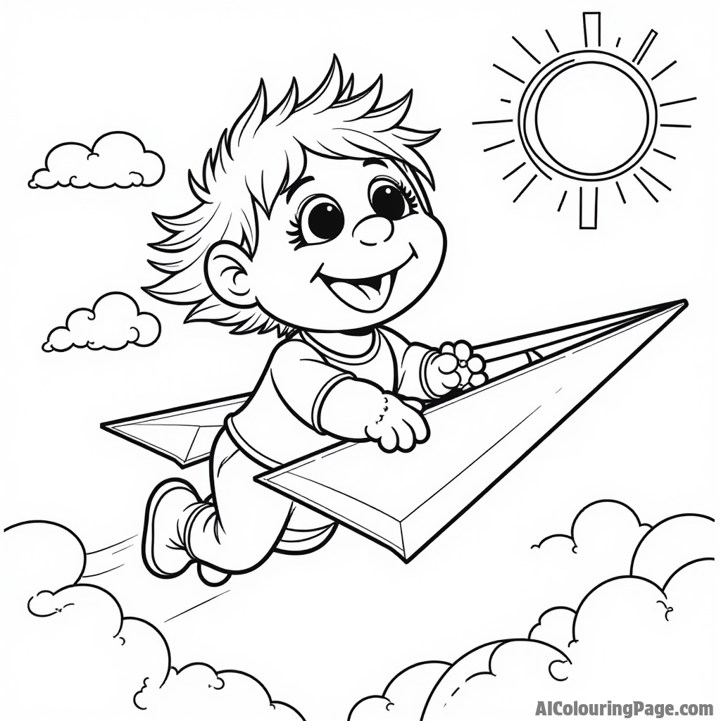 A Muppet baby flying a colorful paper plane, with a breeze blowing through hair and a sunny sky above.