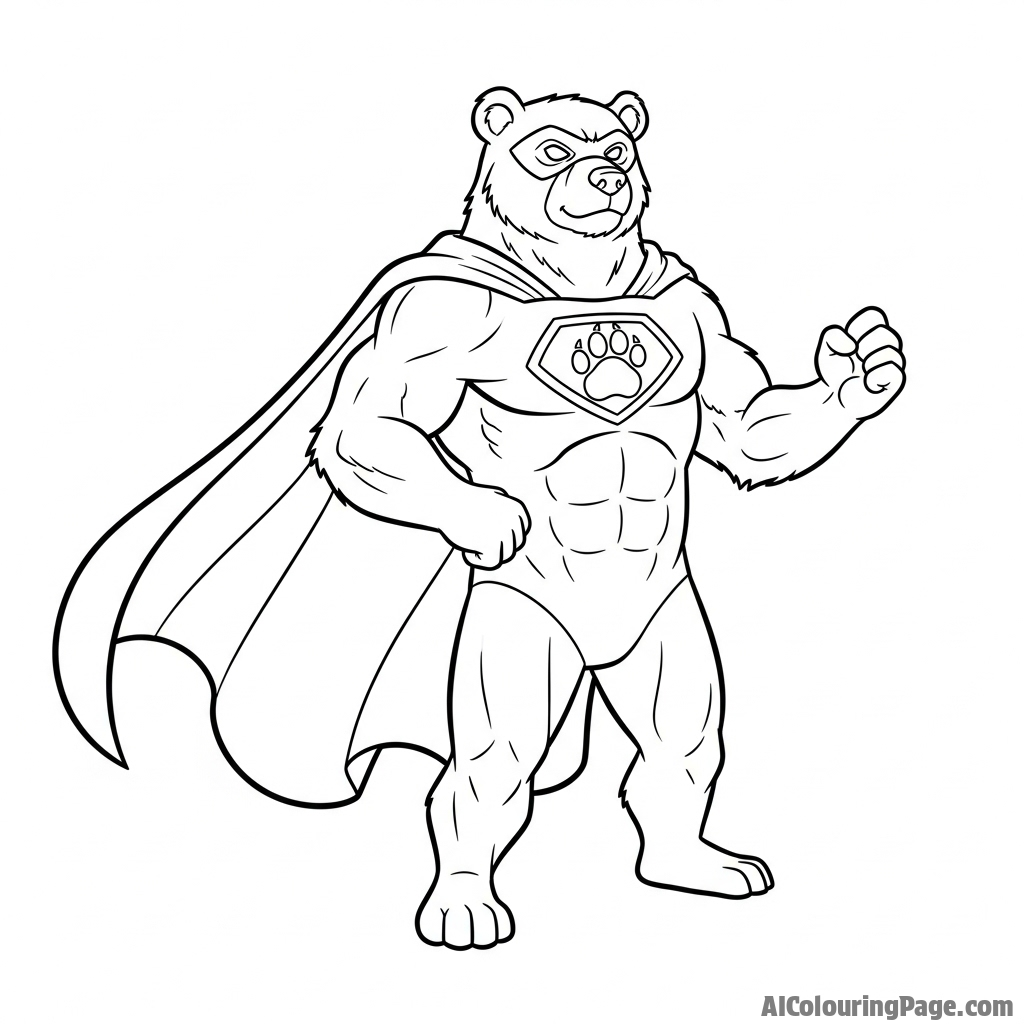 A comic book style illustration of a superhero bear with a cape.