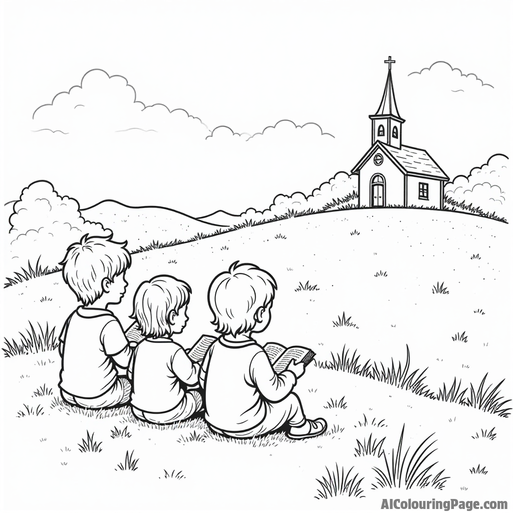 A group of children reading the Bible on a grassy hill, with a church silhouette in the distance under a blue sky.