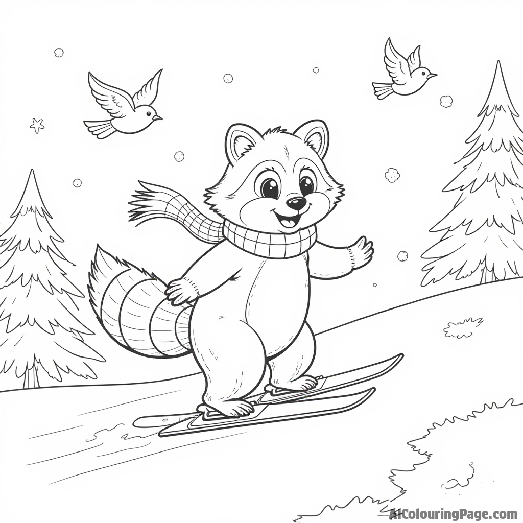 A playful raccoon wearing a scarf skiing down a hill, accompanied by cartoon birds flying overhead, with snow-covered trees creating a joyful winter scene for children to color.