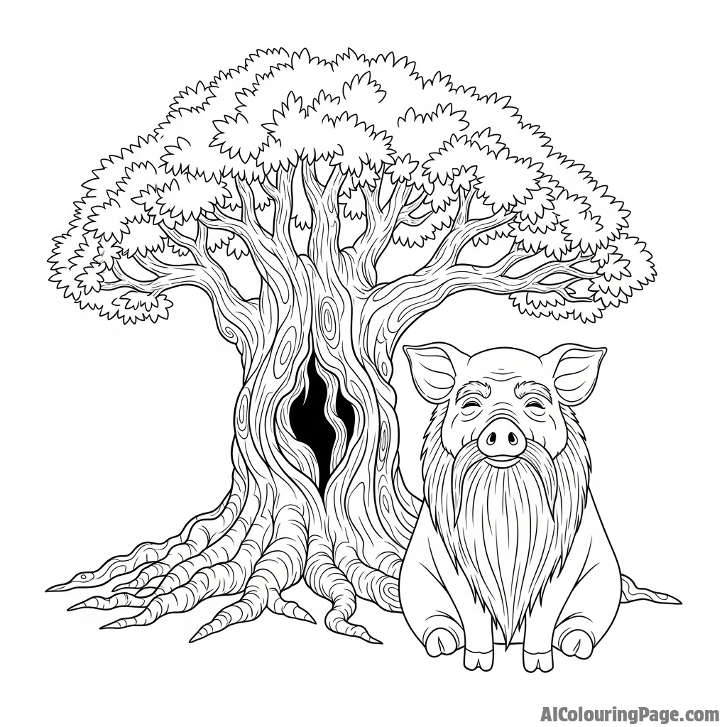 A wise old pig with a long, flowing beard, sitting under an ancient tree.