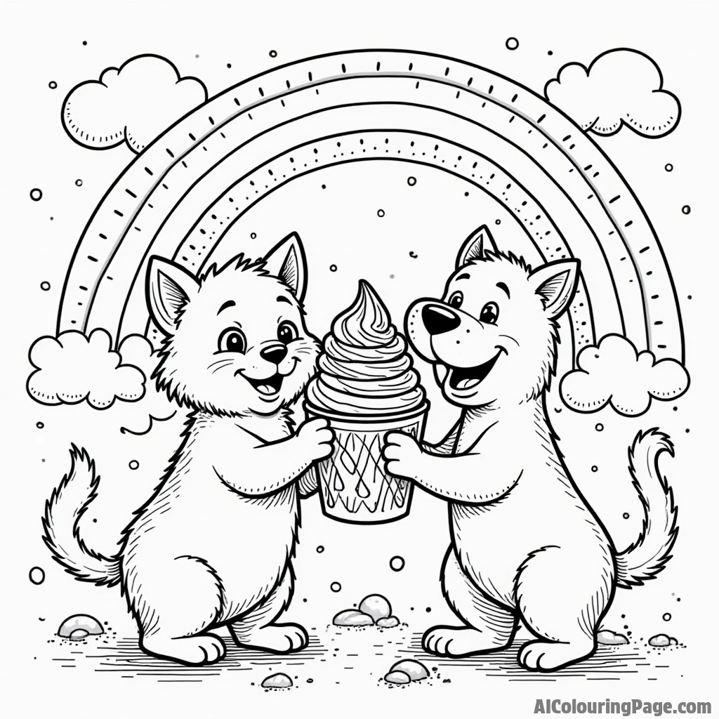 A playful cat and dog sharing an oversized ice cream sundae under a colorful rainbow in a bright blue sky