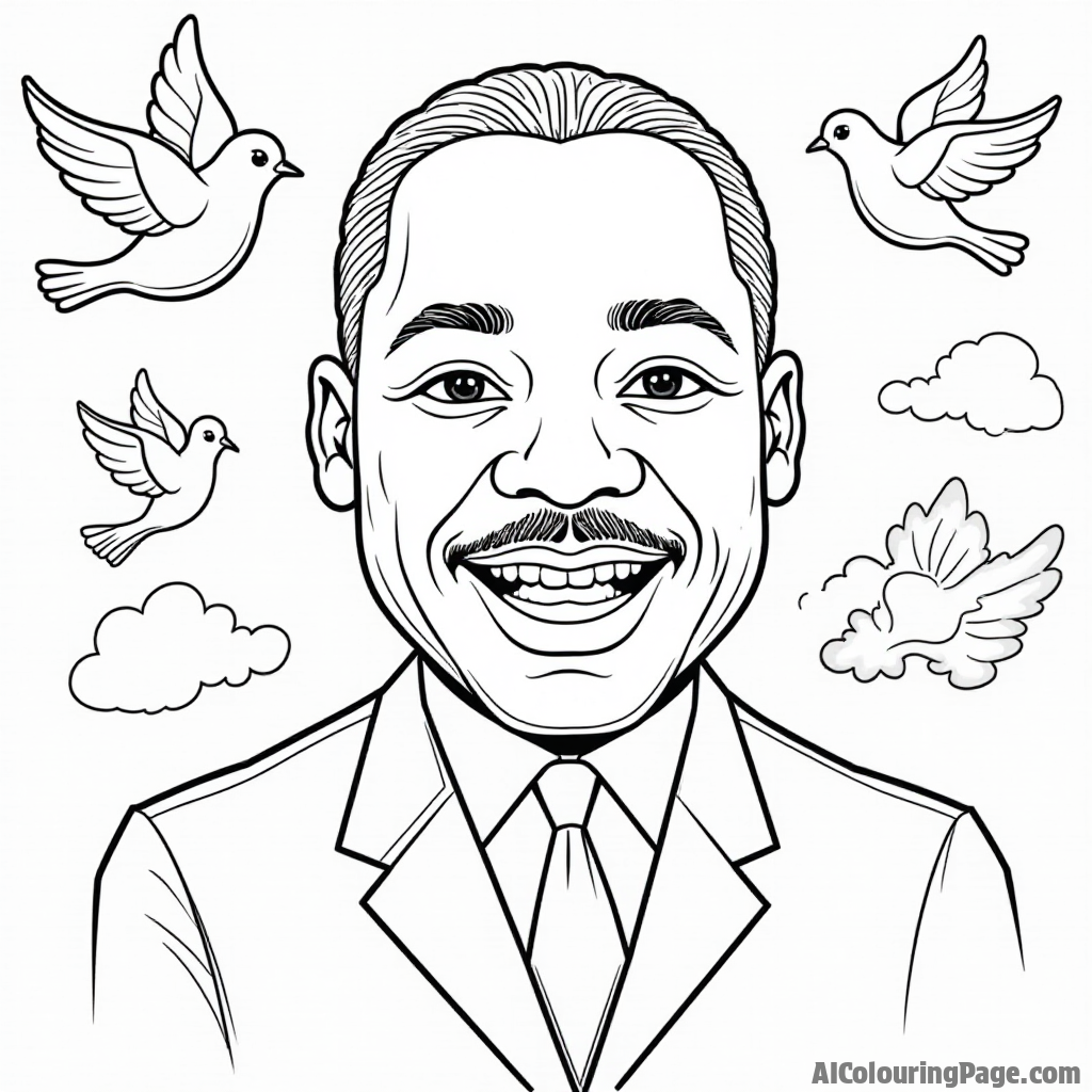 A friendly cartoon version of Martin Luther King Jr. smiling, with a globe and doves around him, symbolizing peace and unity, ideal for kids to add their colors.