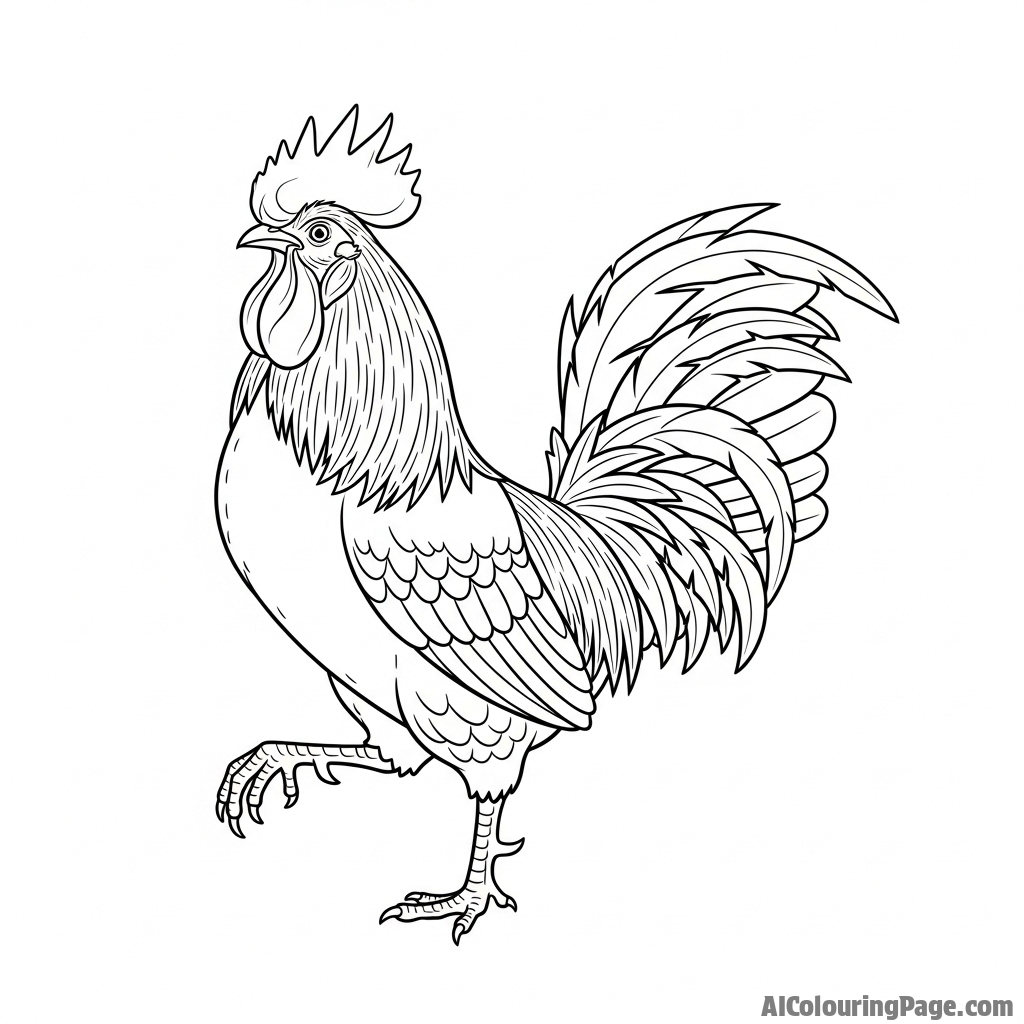 A powerful rooster, its wattle and comb detailed, in a dramatic pose.