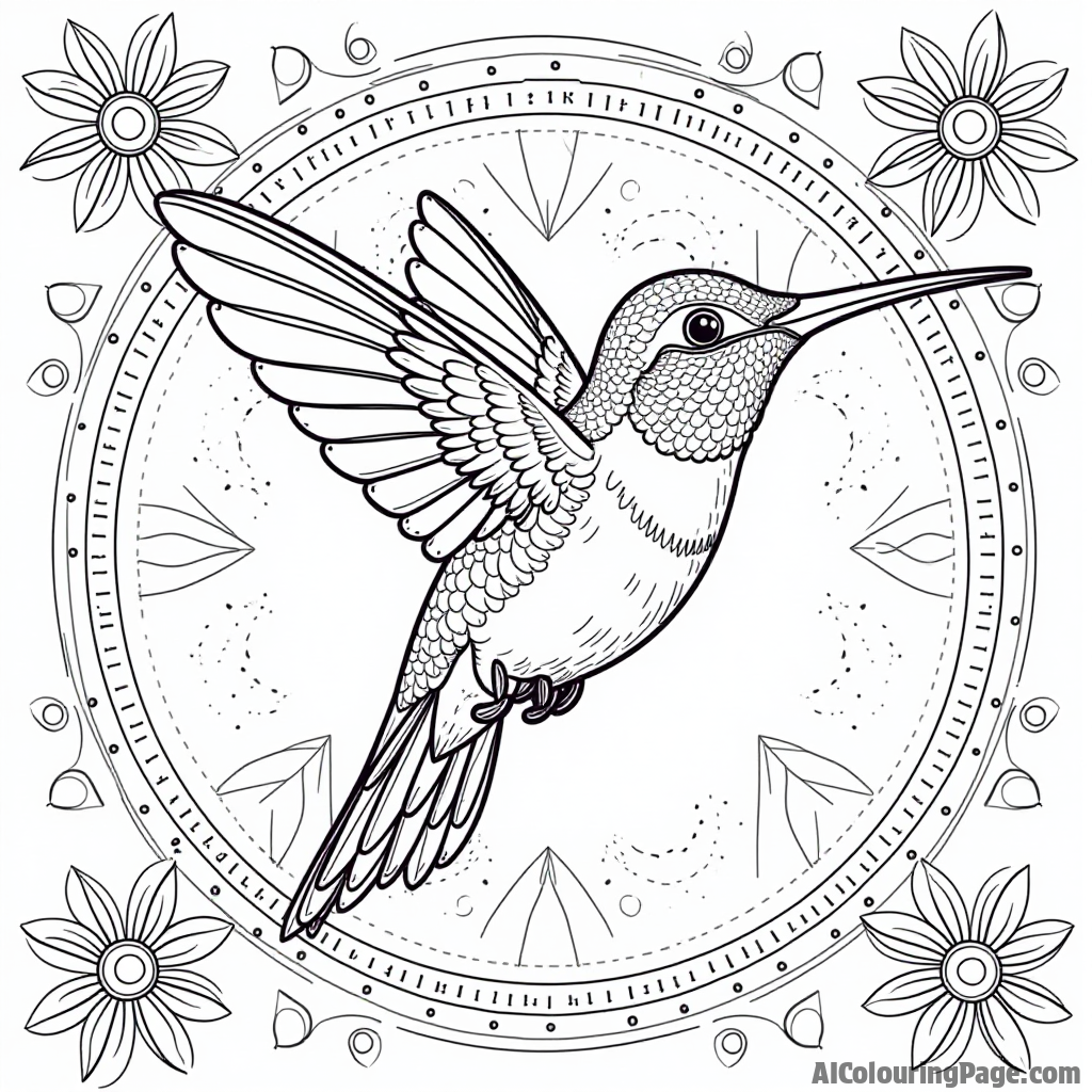 A cheerful hummingbird surrounded by geometric patterns and shapes for a unique coloring experience.