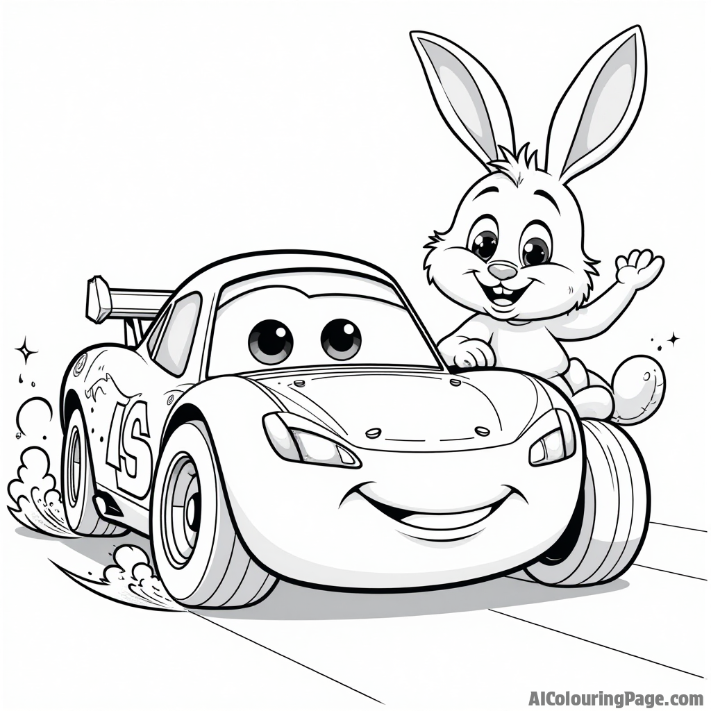 A cartoon race car with big eyes and a smile, racing against a friendly animal character, like a rabbit, highlighting friendship and fun in the world of racing.