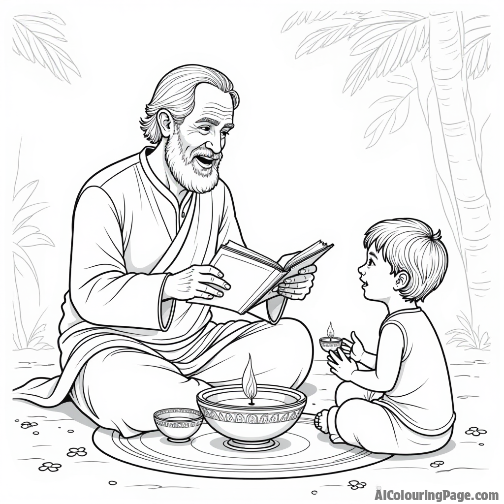 A charming old man telling stories to children around a diya, emphasizing the importance of traditions and storytelling during Diwali celebrations for a heartwarming experience in Festivals and Traditions Coloring Sheets.