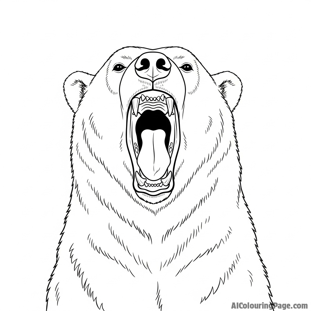 A polar bear yawning, revealing its formidable teeth and tongue.