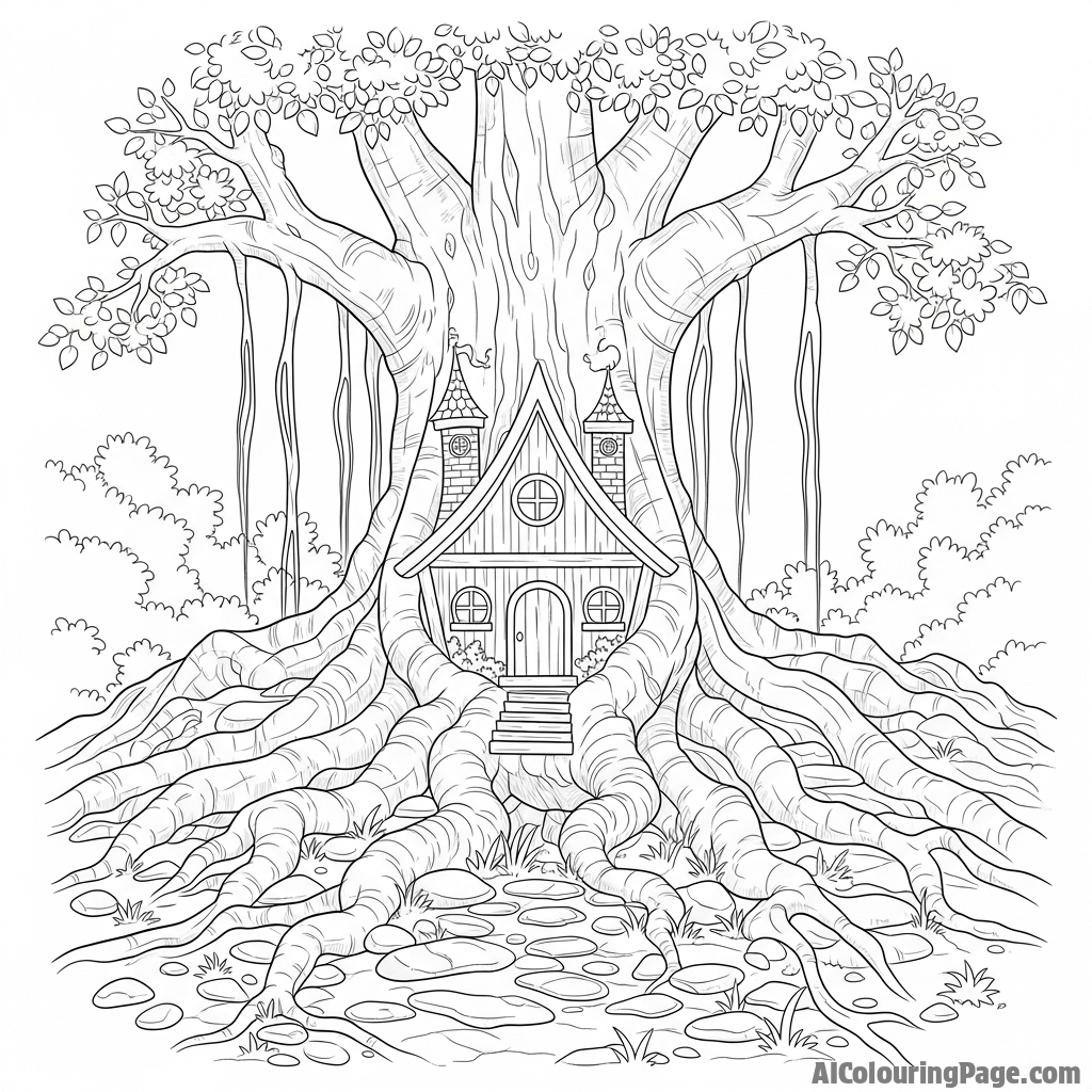 A fairy house hidden amongst the roots of a giant tree in a garden.