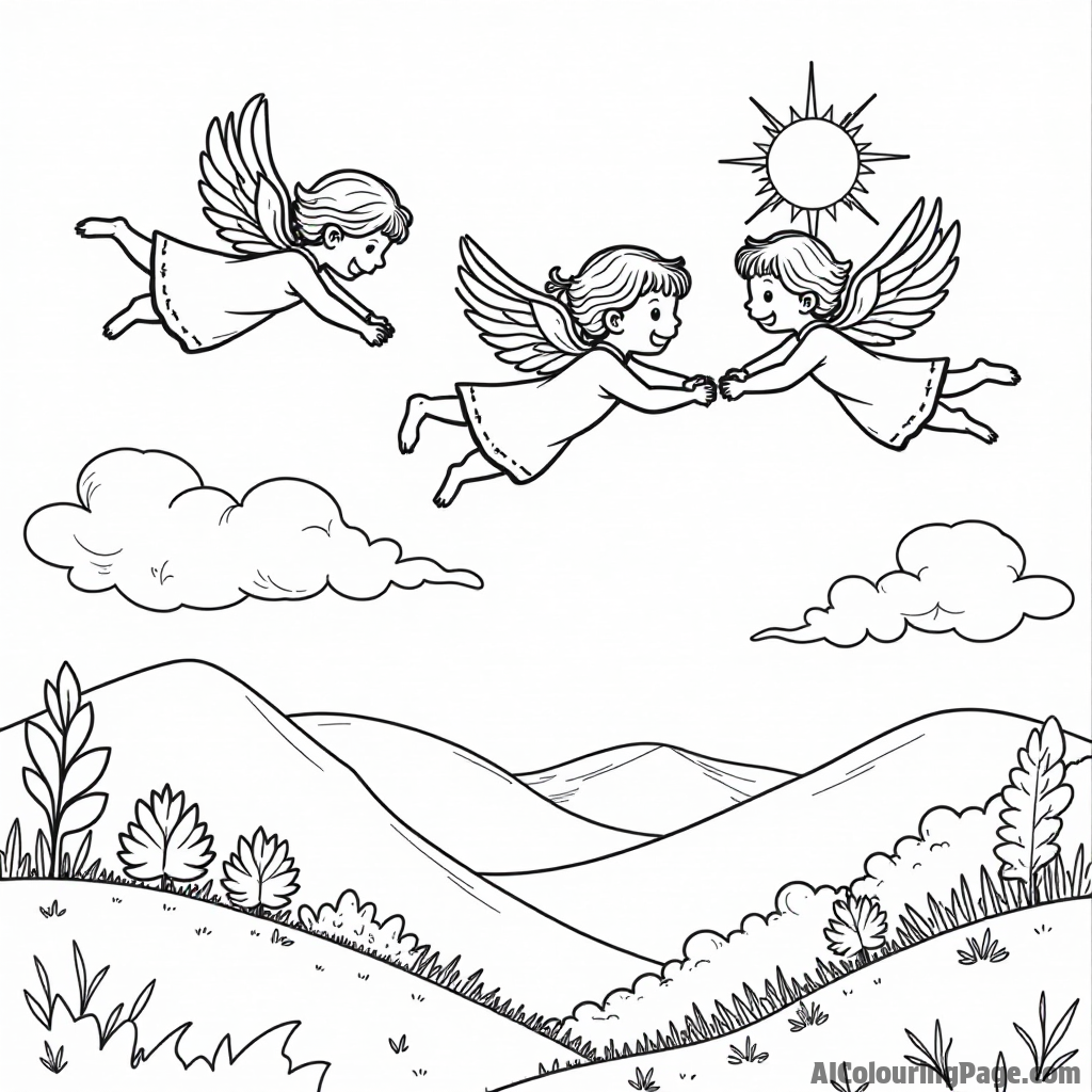 A group of playful angels flying together above a serene landscape filled with hills, trees, and a bright sun.