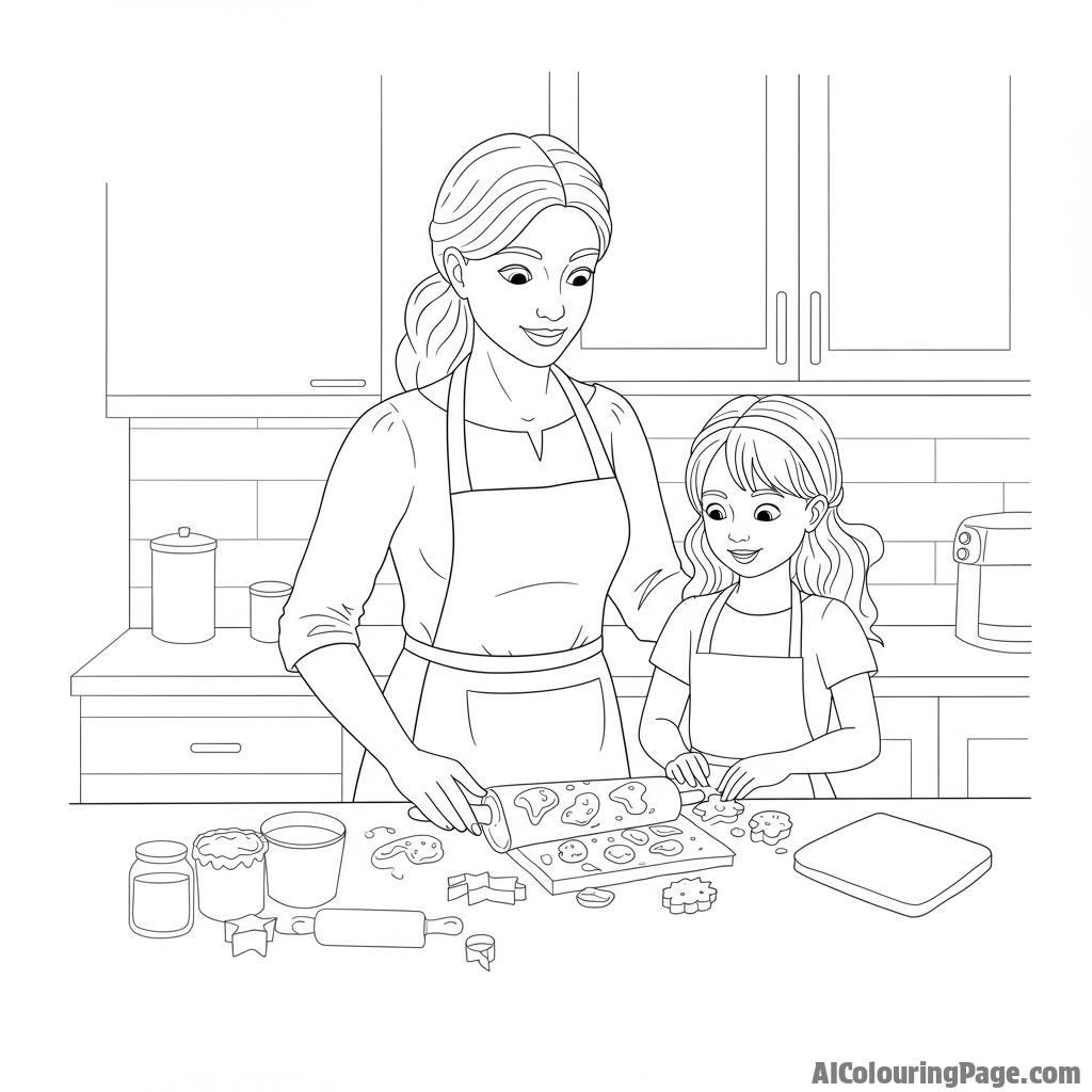 A mother teaching her daughter how to bake cookies in a sunlit kitchen.
