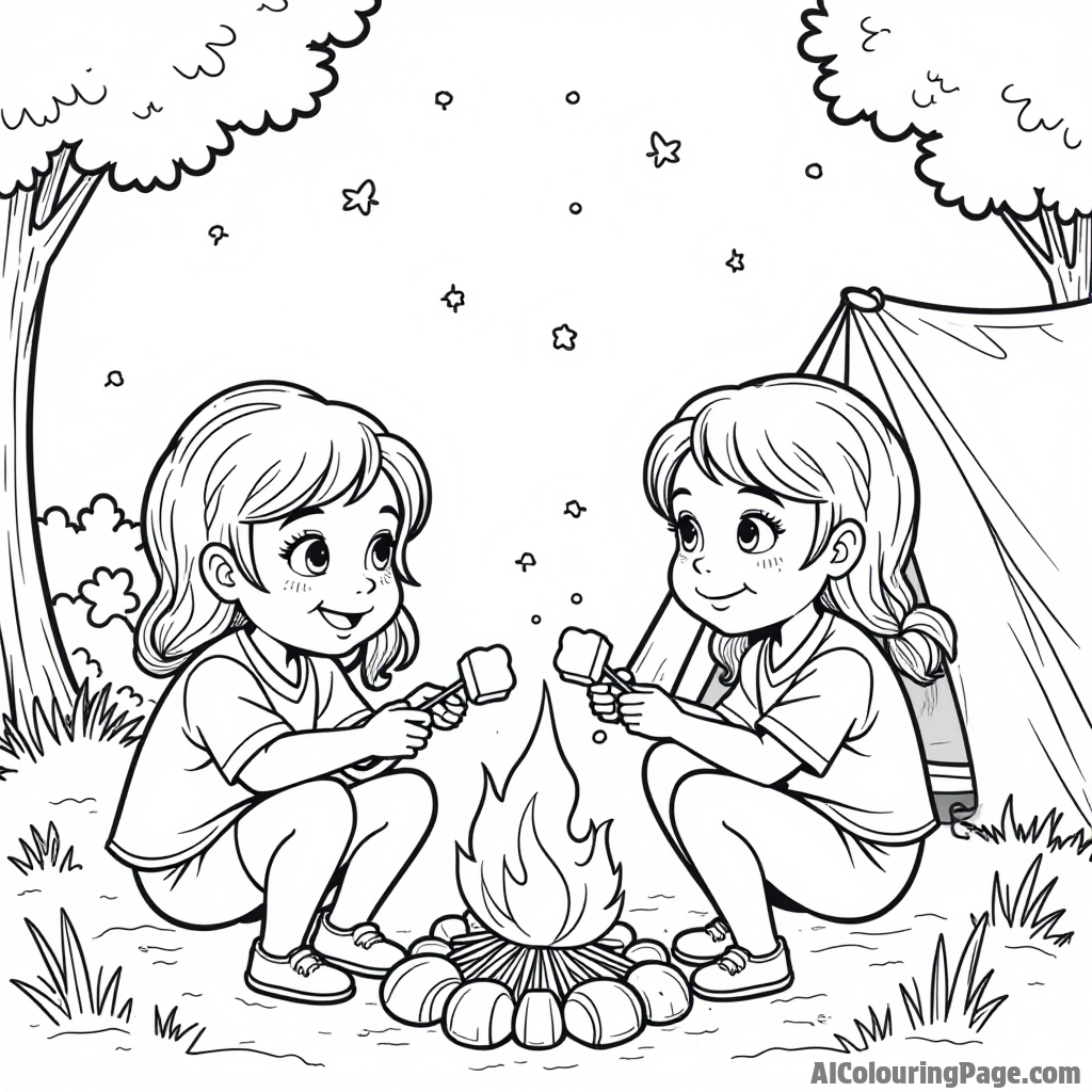 The girls enjoying a camping trip, roasting marshmallows over a campfire, with a tent and stars twinkling above them