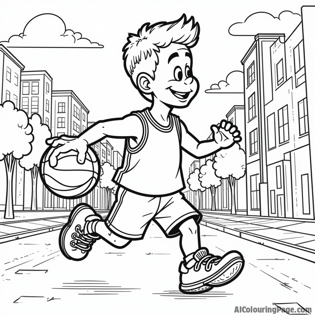 A cartoon character dressed as a basketball player, dribbling the ball while running on a city street, with buildings and trees in the background, designed for a fun coloring page.