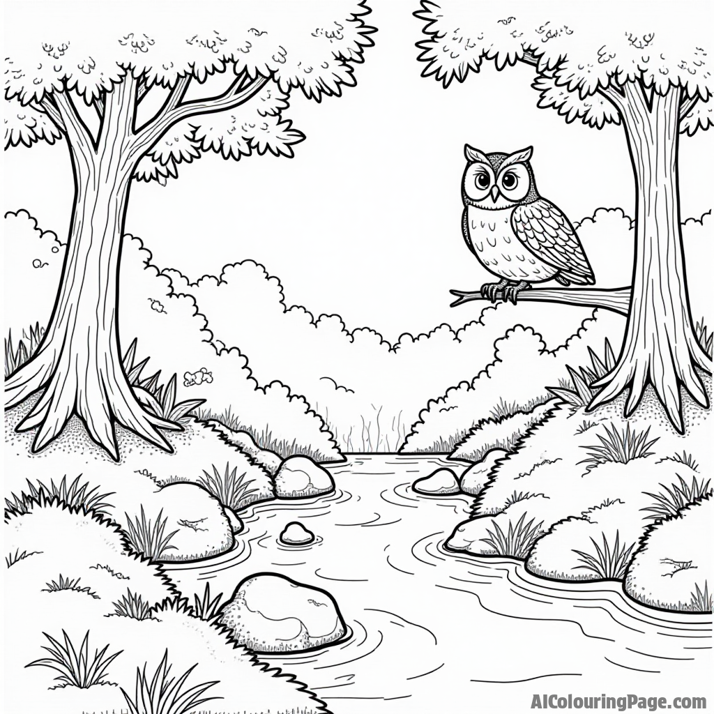 An enchanting woodland with a bubbling brook, a wise owl perched on a branch, and soft moss covering rocks.