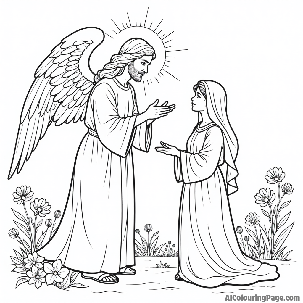 An angel delivering a message to Mary, with a background of flowers and a radiant light shining down.