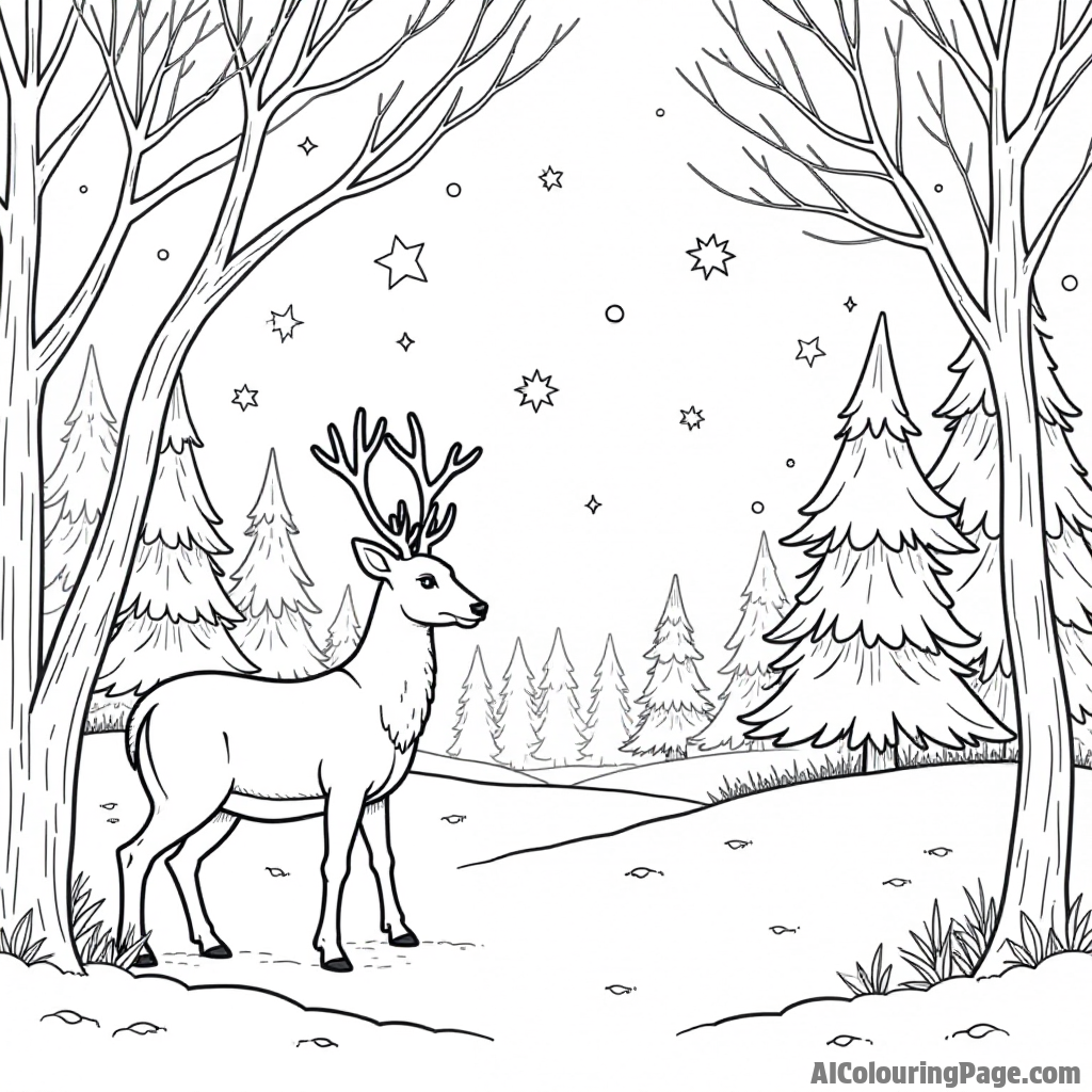 A magical winter forest scene with deer, snow-covered trees, and twinkling stars in the night sky for kids.