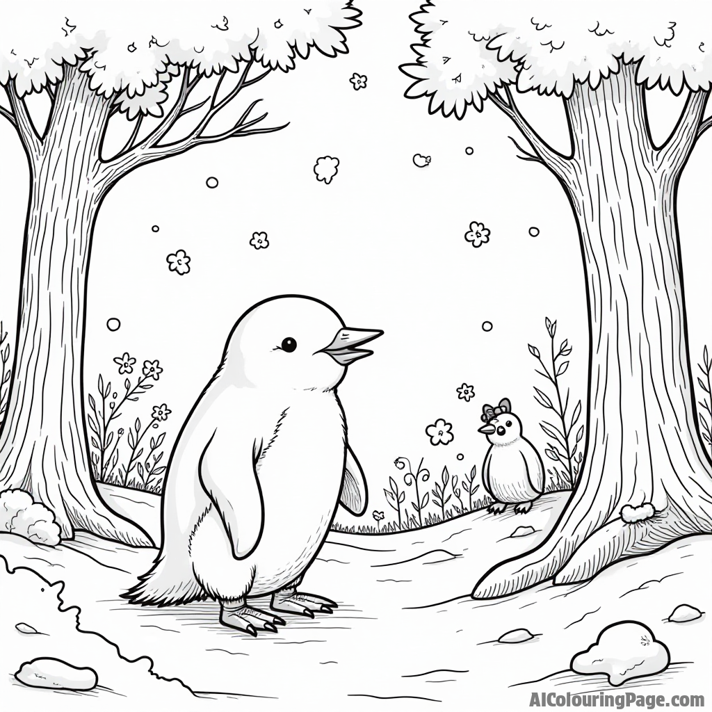 A penguin exploring an enchanted snowy forest with magical creatures peeking from behind the trees.