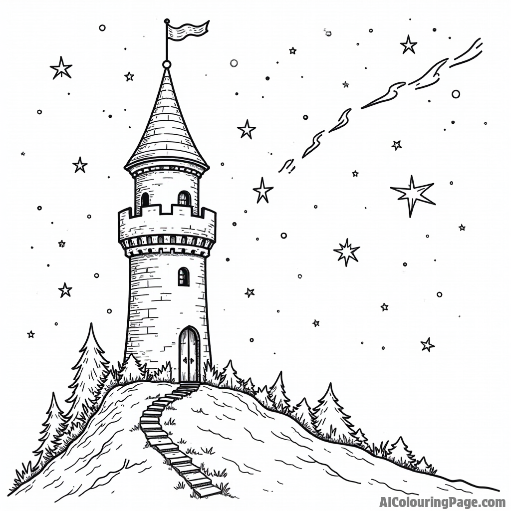 A castle tower with a telescope at the top, overlooking a starry night sky filled with shooting stars.