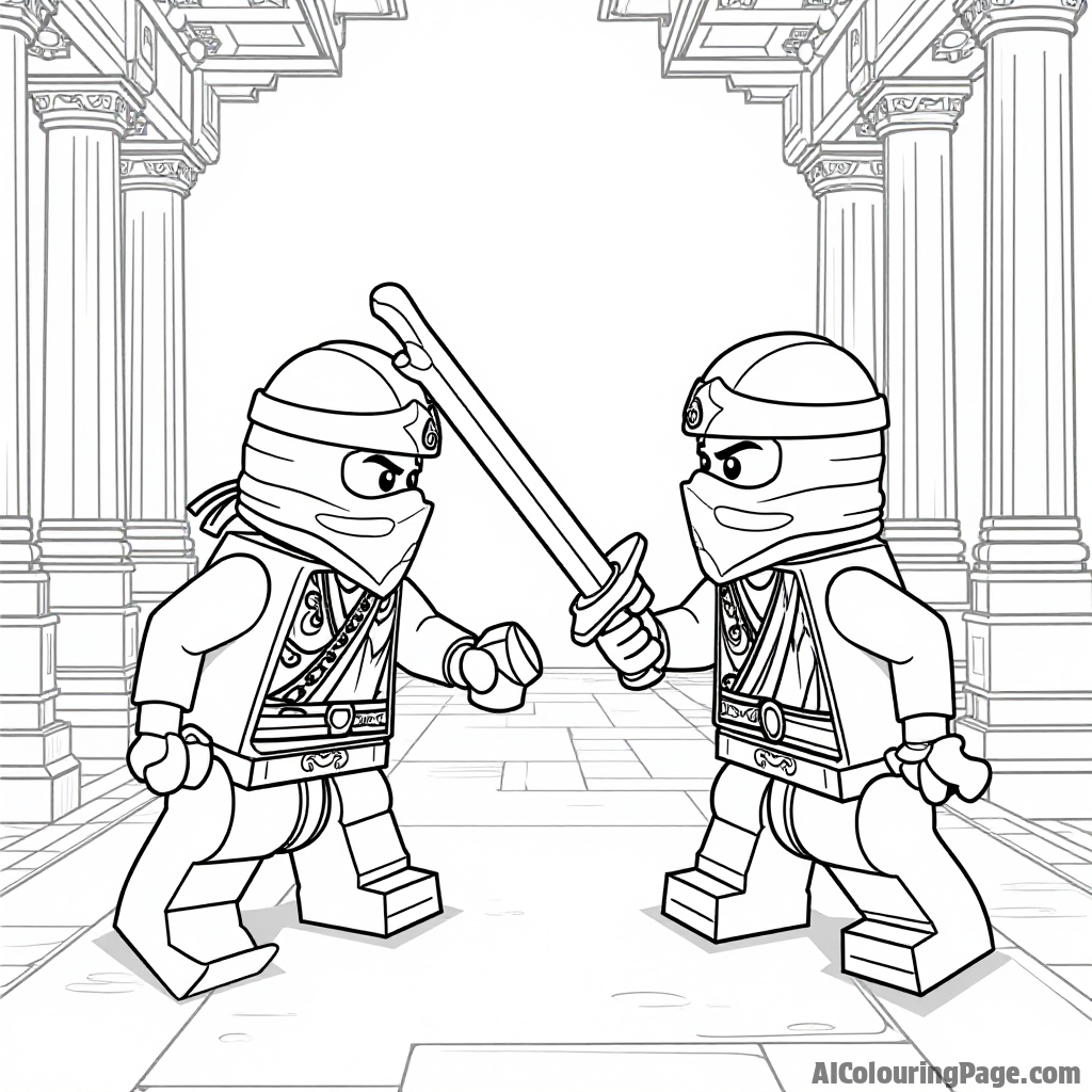 A Lego Ninjago scene featuring a battle between two ninjas, with swords drawn, amidst an ancient temple setting, embellished with intricate designs for an engaging coloring page for children.