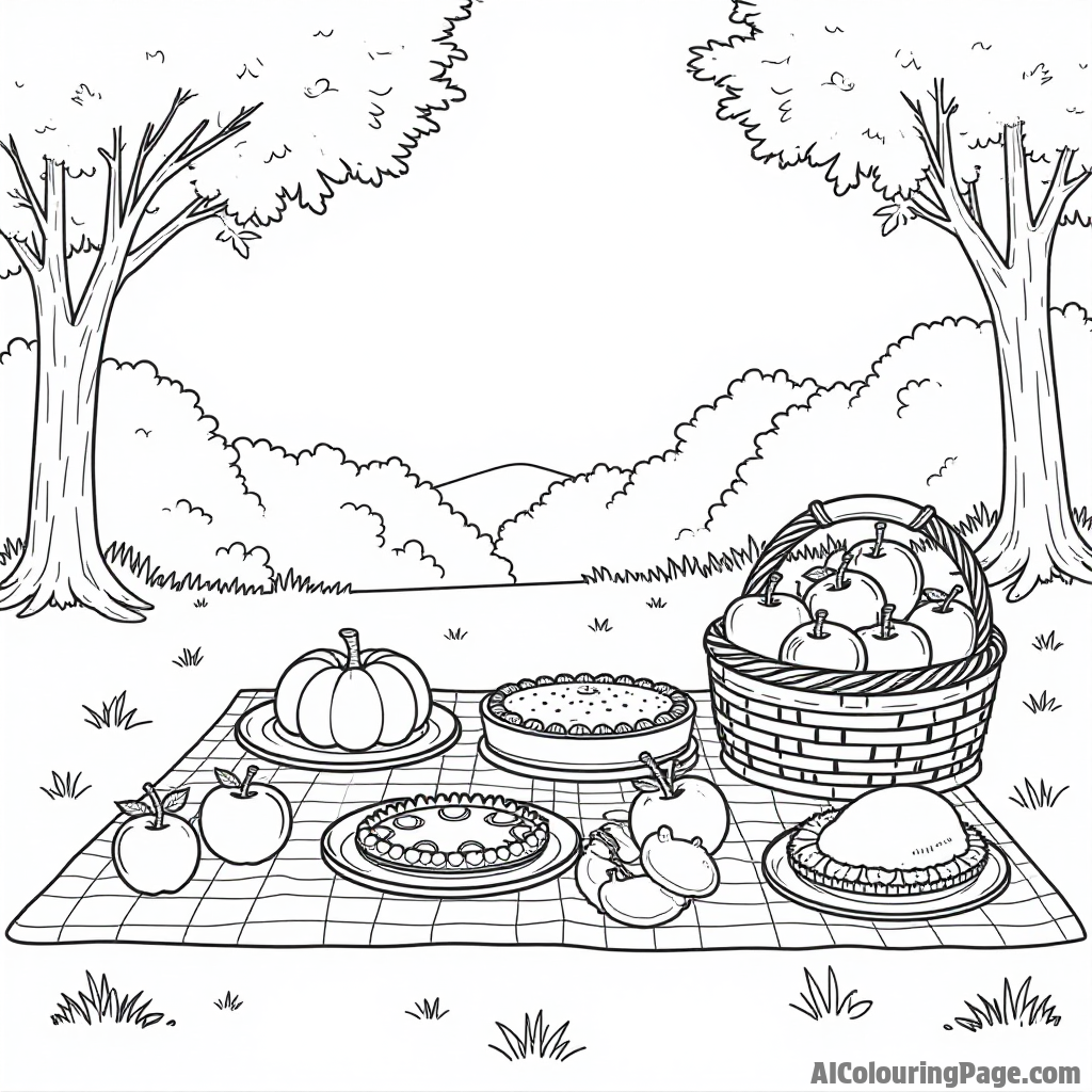 A Thanksgiving feast spread out on a picnic blanket in a park, with a basket full of apples and pies