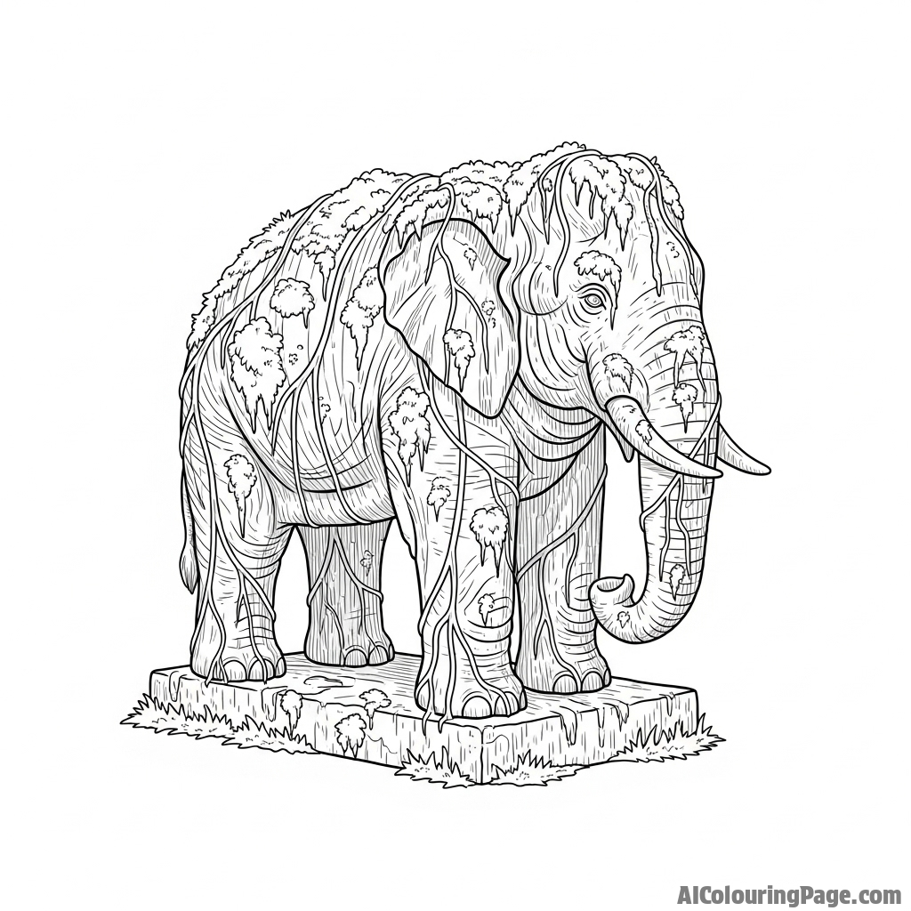 A stone statue of an elephant, covered in moss and vines, being reclaimed by nature.