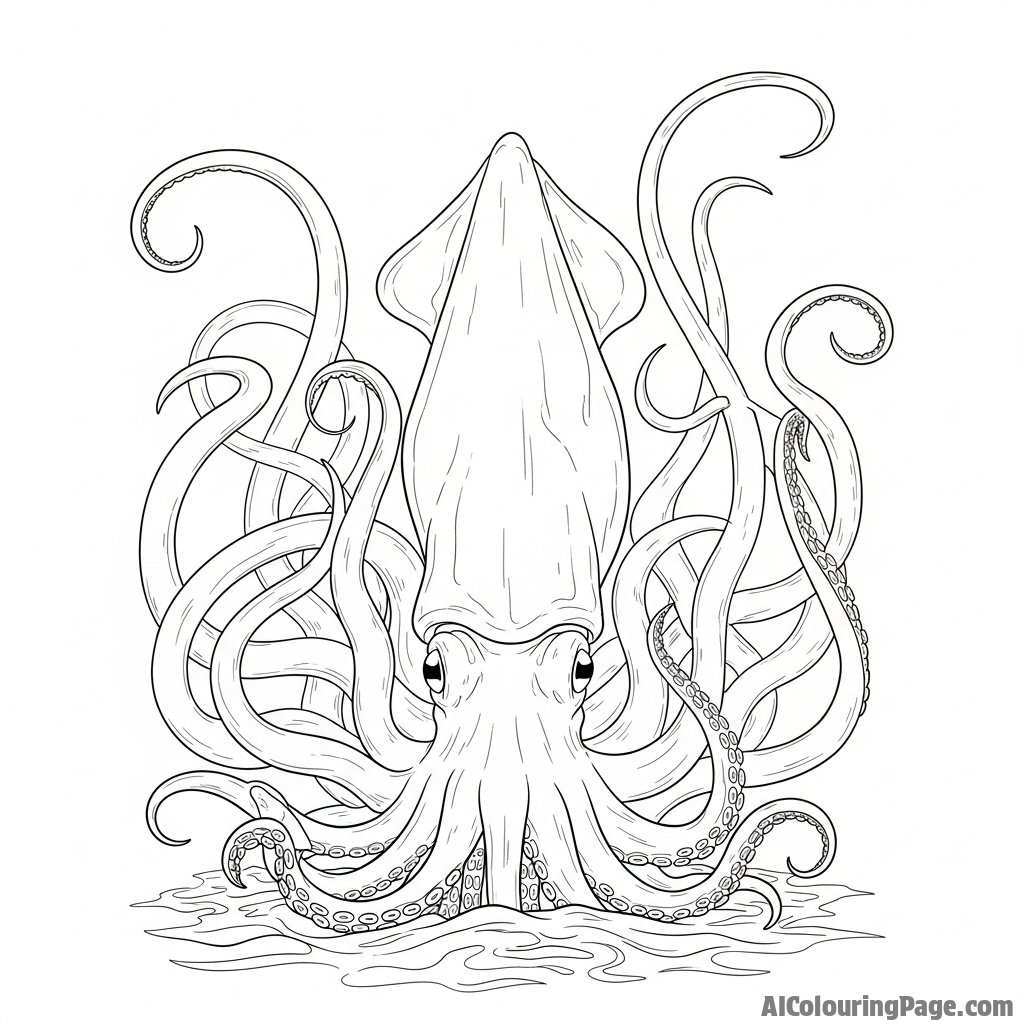A giant squid emerging from the abyssal depths, its tentacles unfurling