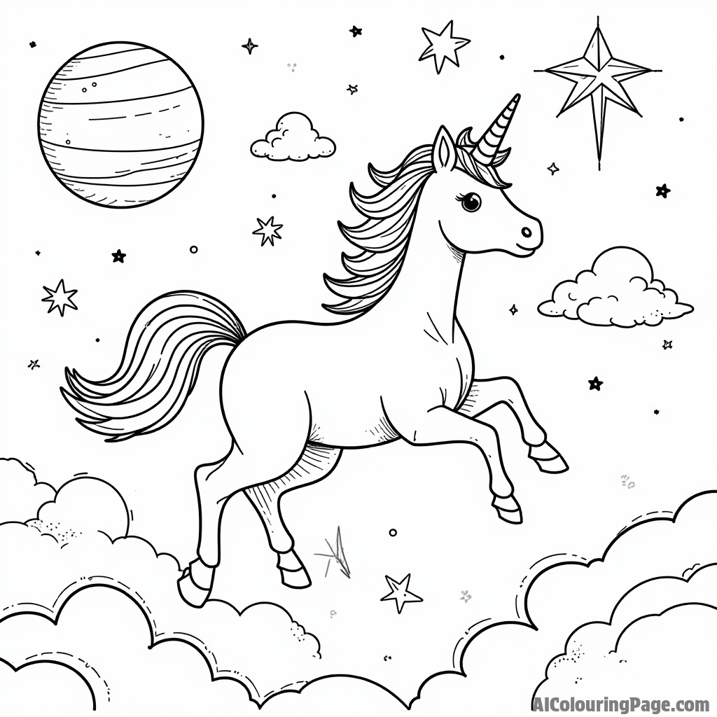 A unicorn flying through the clouds with fluffy companions, surrounded by whimsical planets and shooting stars in the sky.