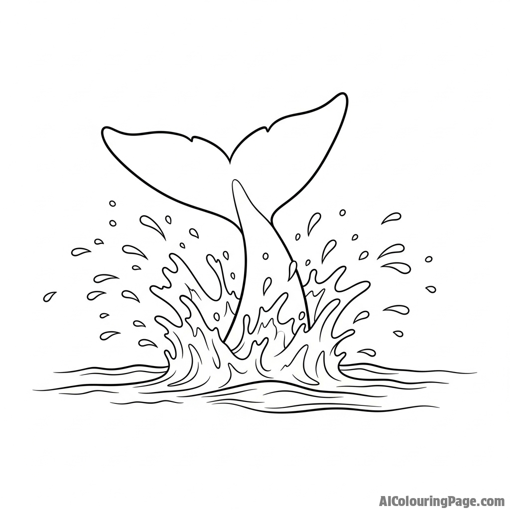 A dolphin’s powerful tail fluke splashing the water surface into a spray of droplets.