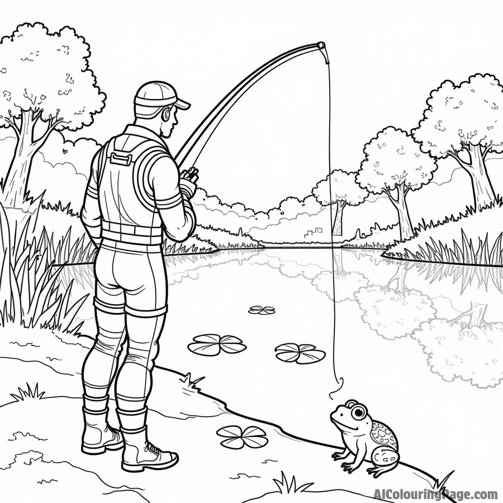 A Fortnite character fishing by a tranquil pond with lily pads and a curious frog nearby for kids to color