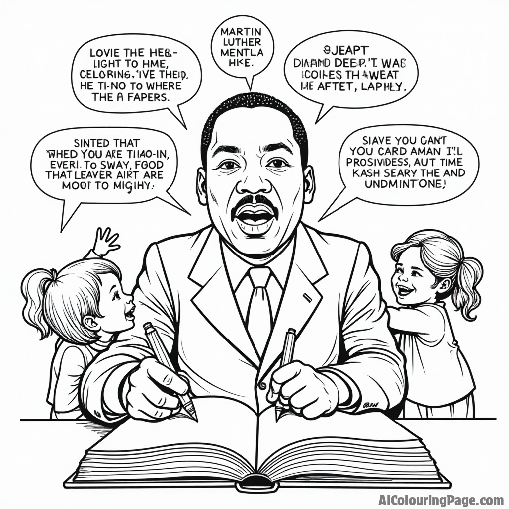 An illustration of Martin Luther King Jr. surrounded by famous quotes, with children joyfully drawing around him, and a large open book of history nearby, perfect for coloring.