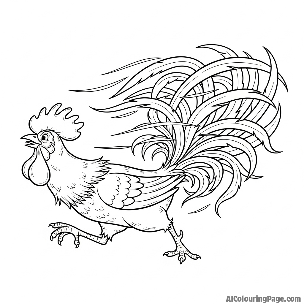 A rooster with an exaggerated, flowing tail, caught in the wind.