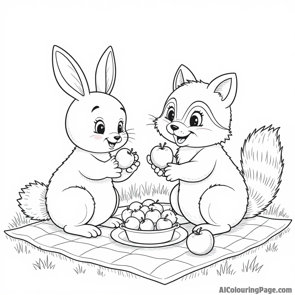 A group of playful animals, including a rabbit and a raccoon, having a picnic with apple treats and snacks.