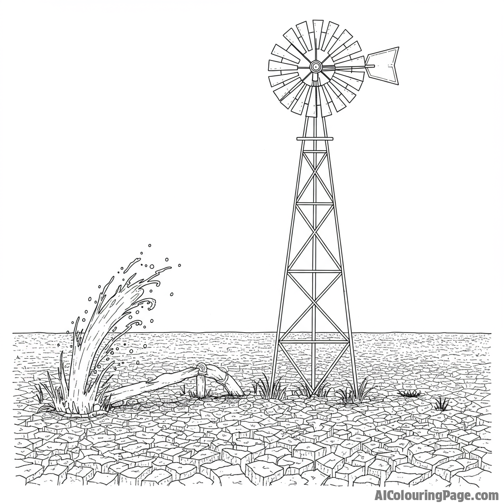Windmill pumping water in a drought-affected area.