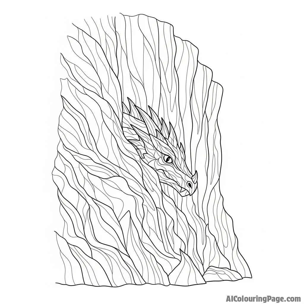 A dragon camouflaged against a rocky cliff face, almost perfectly hidden.