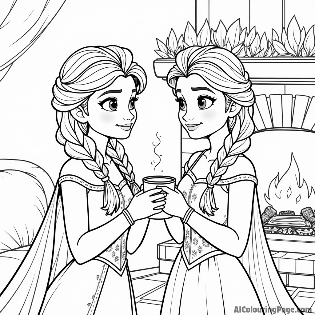 Elsa and Anna sharing hot cocoa by a cozy fireplace