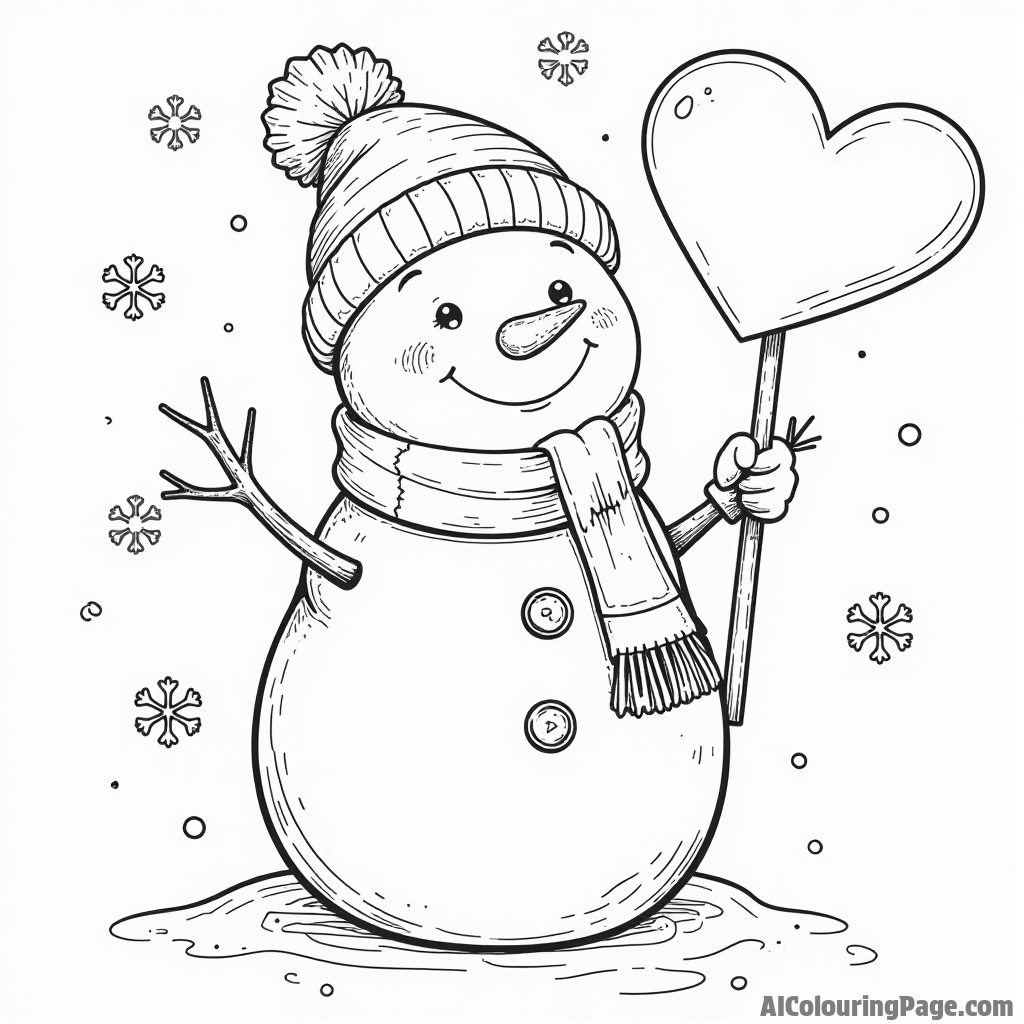 A cheerful snowman wearing a scarf and holding a heart-shaped sign surrounded by falling snowflakes for a winter Valentine’s Day