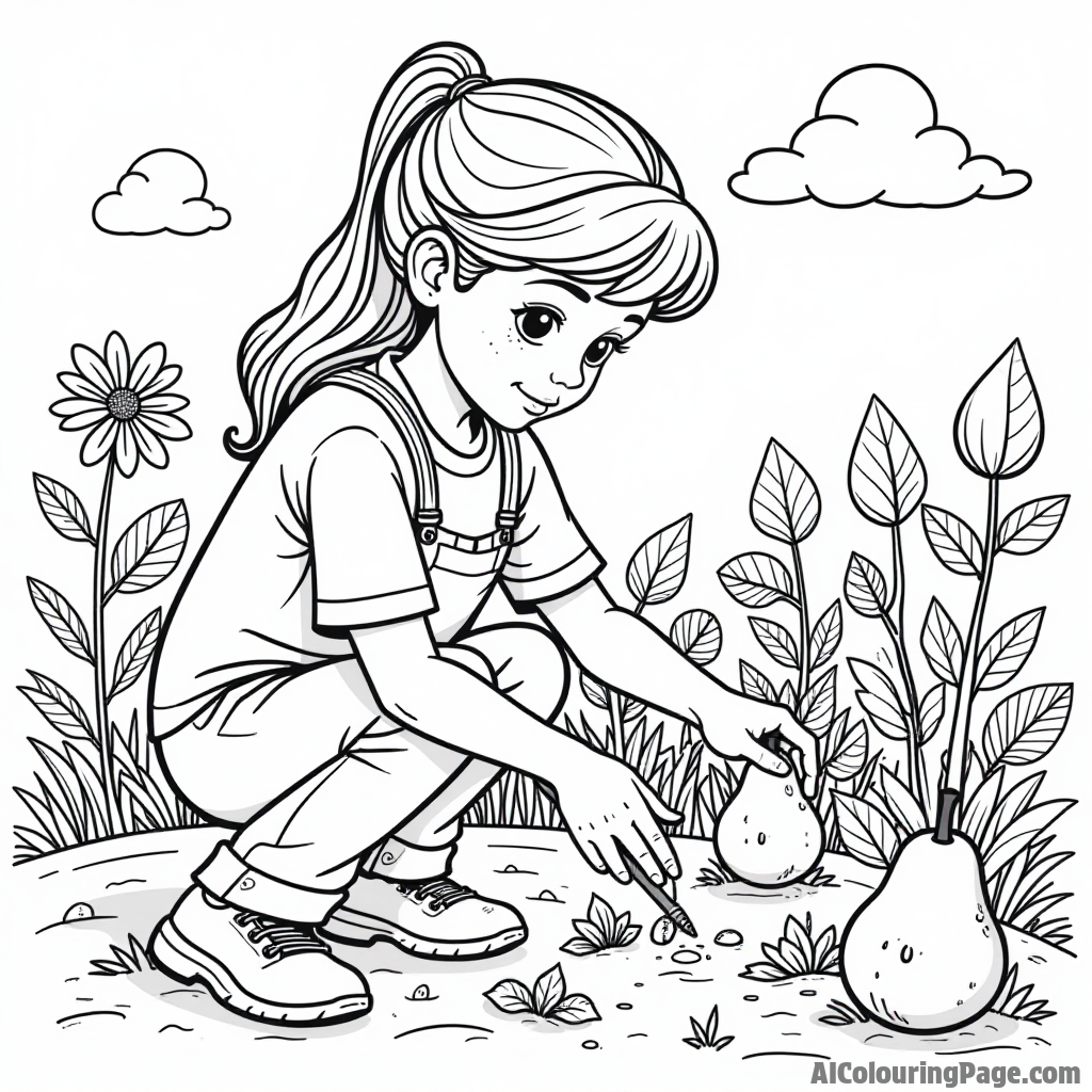 A pear gardener planting seeds in a garden full of flowers and vegetables, inspiring young gardeners to color their scene.