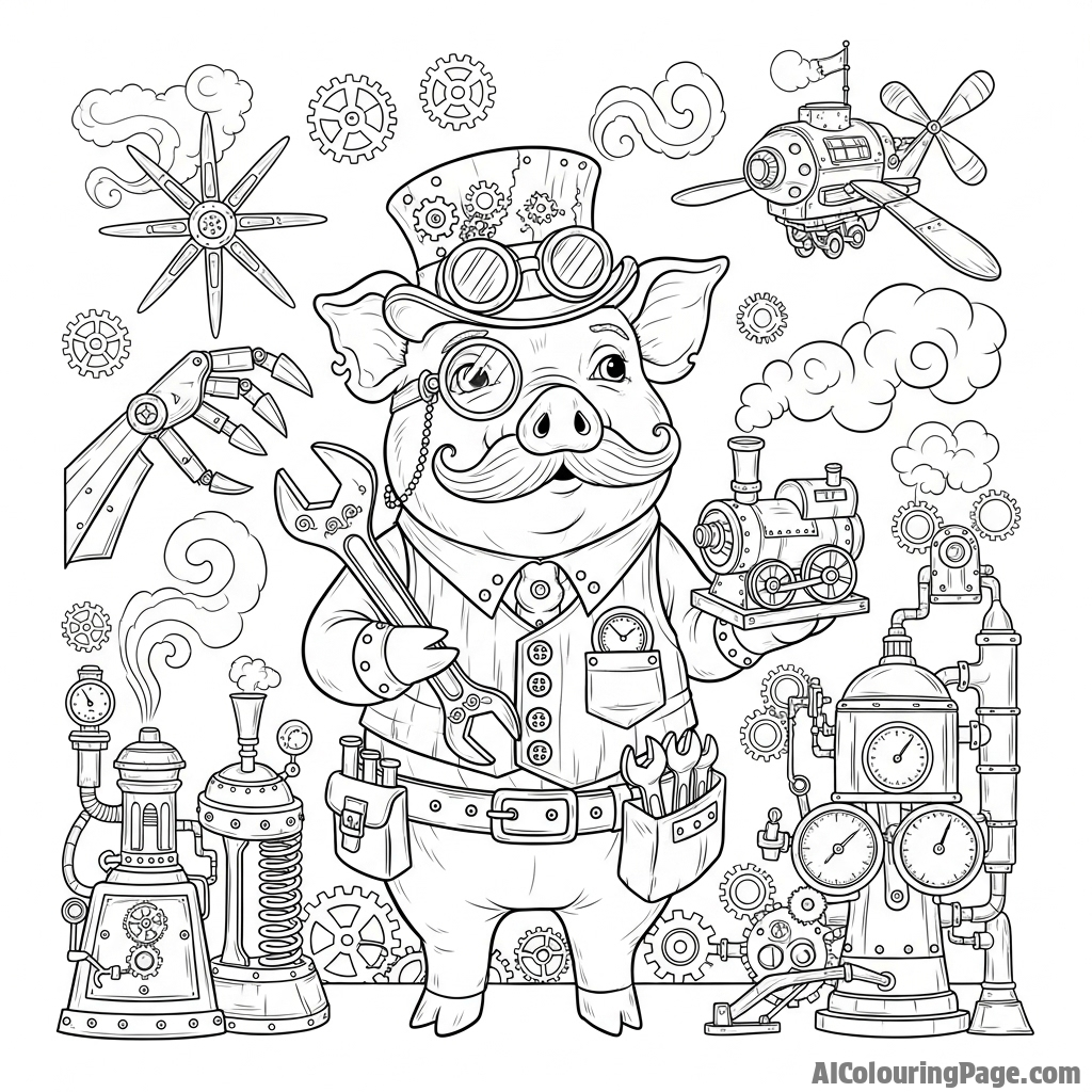 A steampunk pig inventor surrounded by brass cogs and steam-powered gadgets.