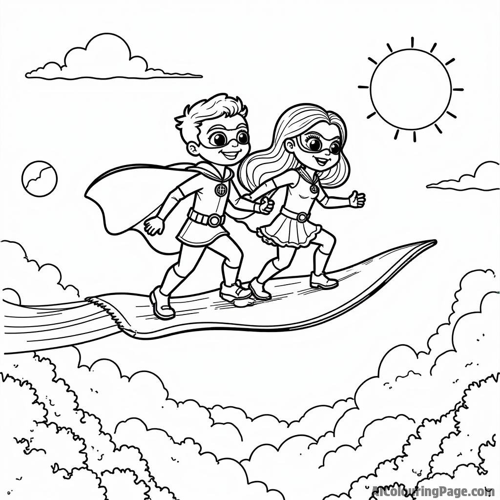 Robin and Starfire flying on a magic carpet, with a beautiful landscape below and a bright sun shining in the sky.