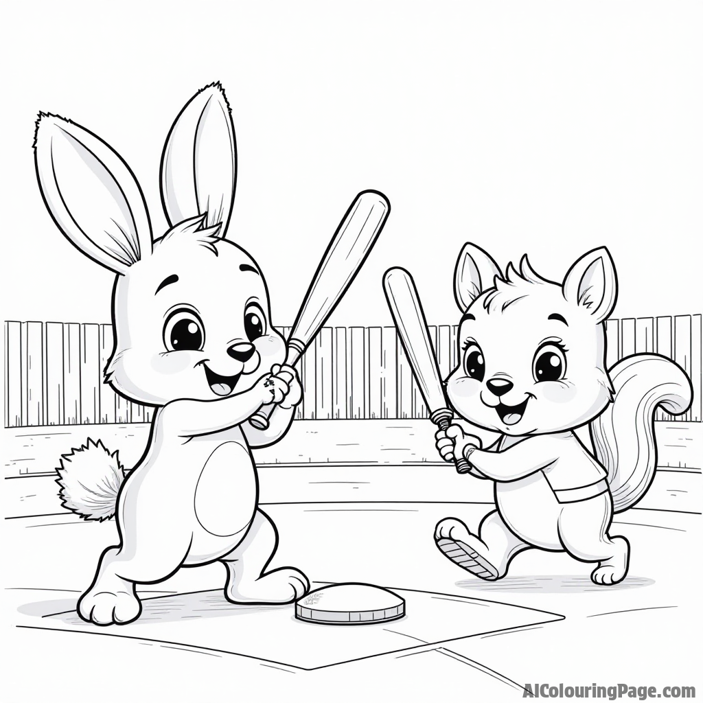 A team of cute animals playing baseball, a rabbit pitching, a bear batting, and a squirrel running to first base, all outlined in a fun, engaging style for kids.