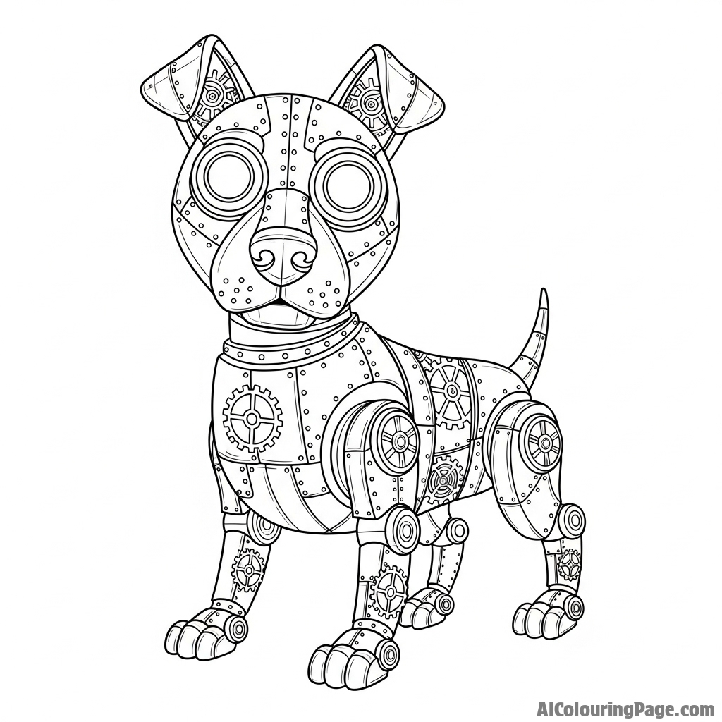 A steampunk-style mechanical automaton dog with visible gears.