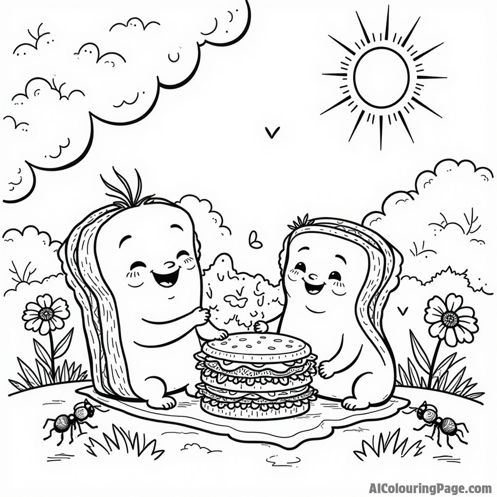 A playful sandwich family having a picnic in the park, surrounded by flowers, ants, and a bright sun in the sky.