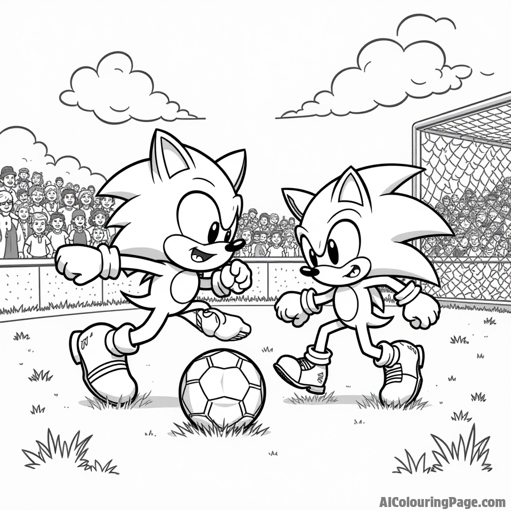 Sonic and Knuckles playing soccer in a grassy field, with a goal post and cheering fans in the background to color.