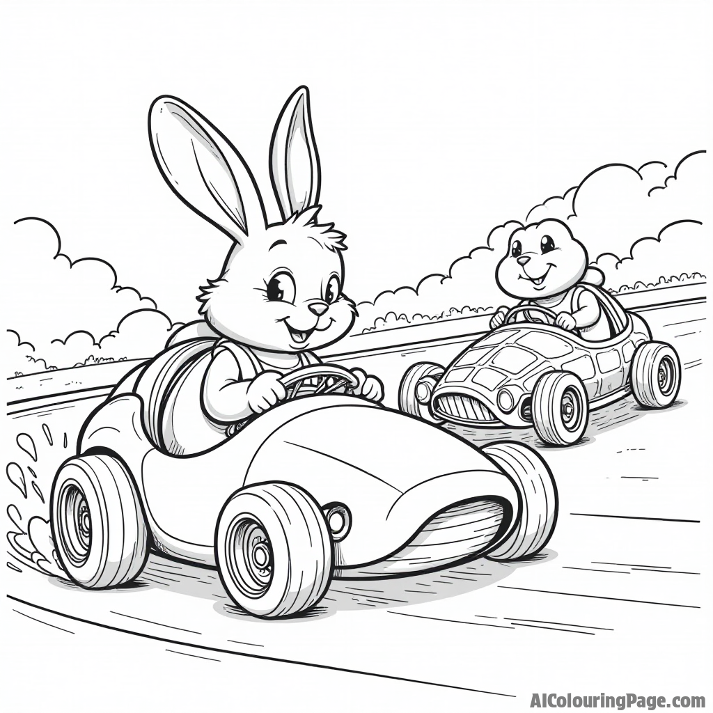 A whimsical racing scene featuring animals driving race cars, like a rabbit and a turtle, competing in a lighthearted race for kids to color happily.