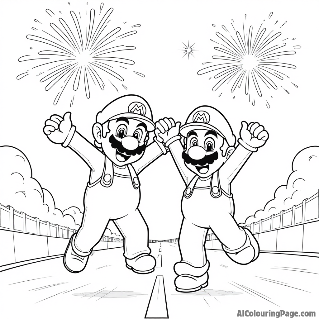 Mario and Luigi celebrating with fireworks in the sky after winning a race with their friends.