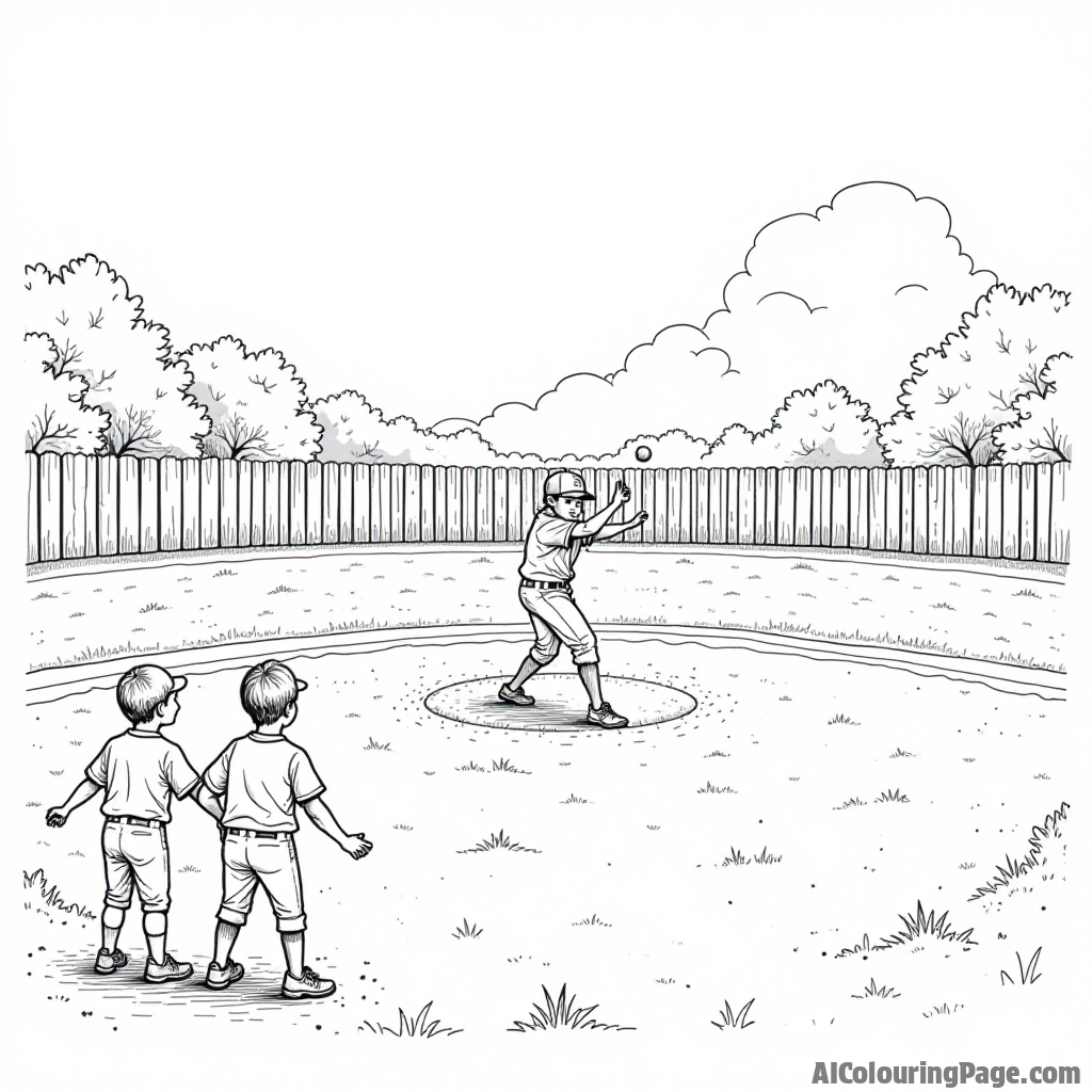 A vintage baseball field with a wooden fence, a pitcher throwing a ball, and kids watching in excitement, all outlined for kids to color their favorite sport moments.