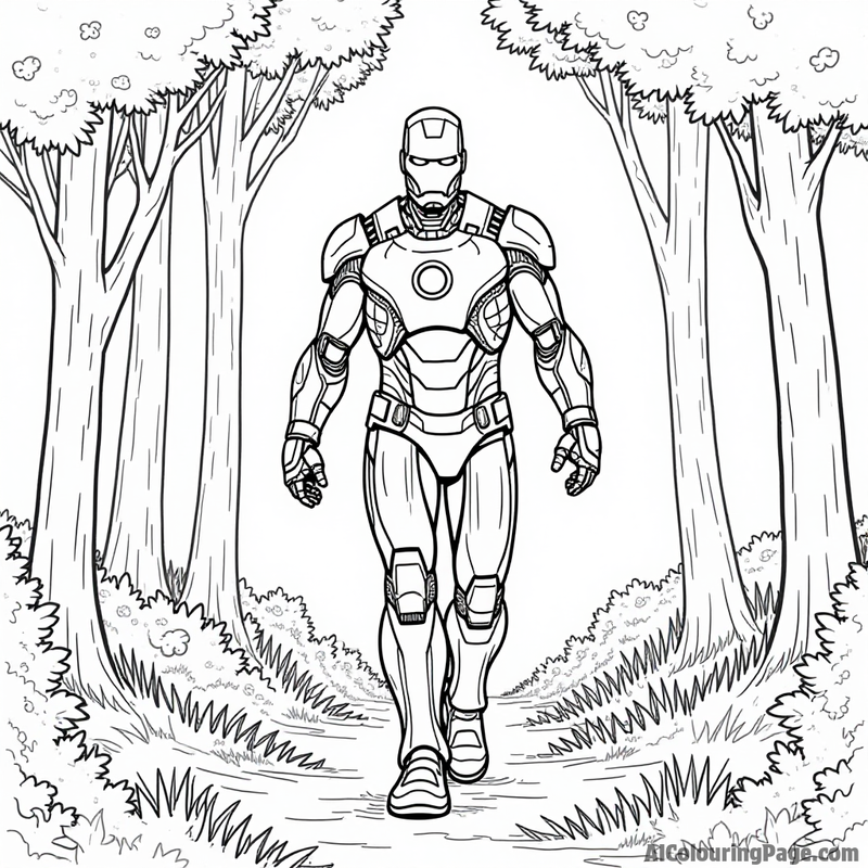 Iron Man walking through a forest