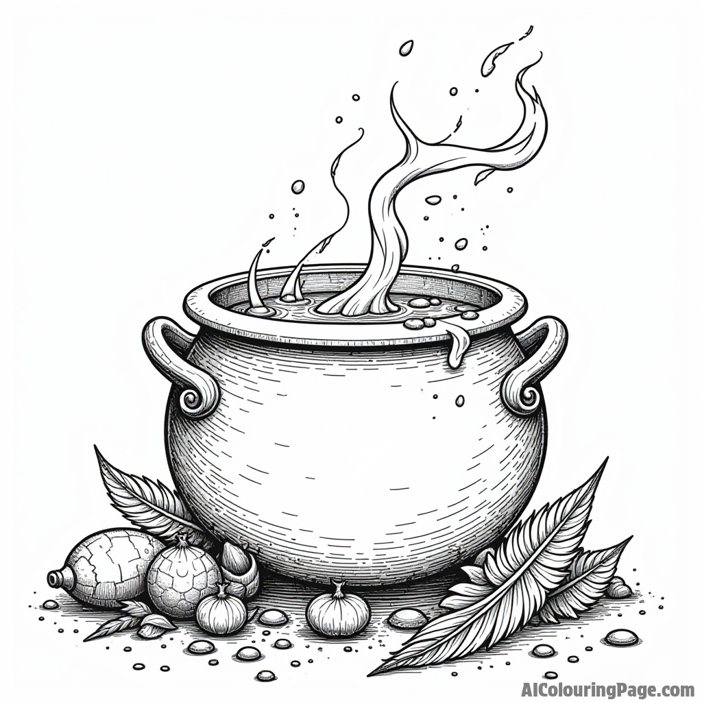 A cauldron with colorful potions and magical ingredients like dragon scales and phoenix feathers scattered around.