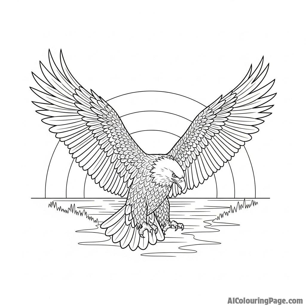 Eagle silhouette against a sunset, wings fully spread.
