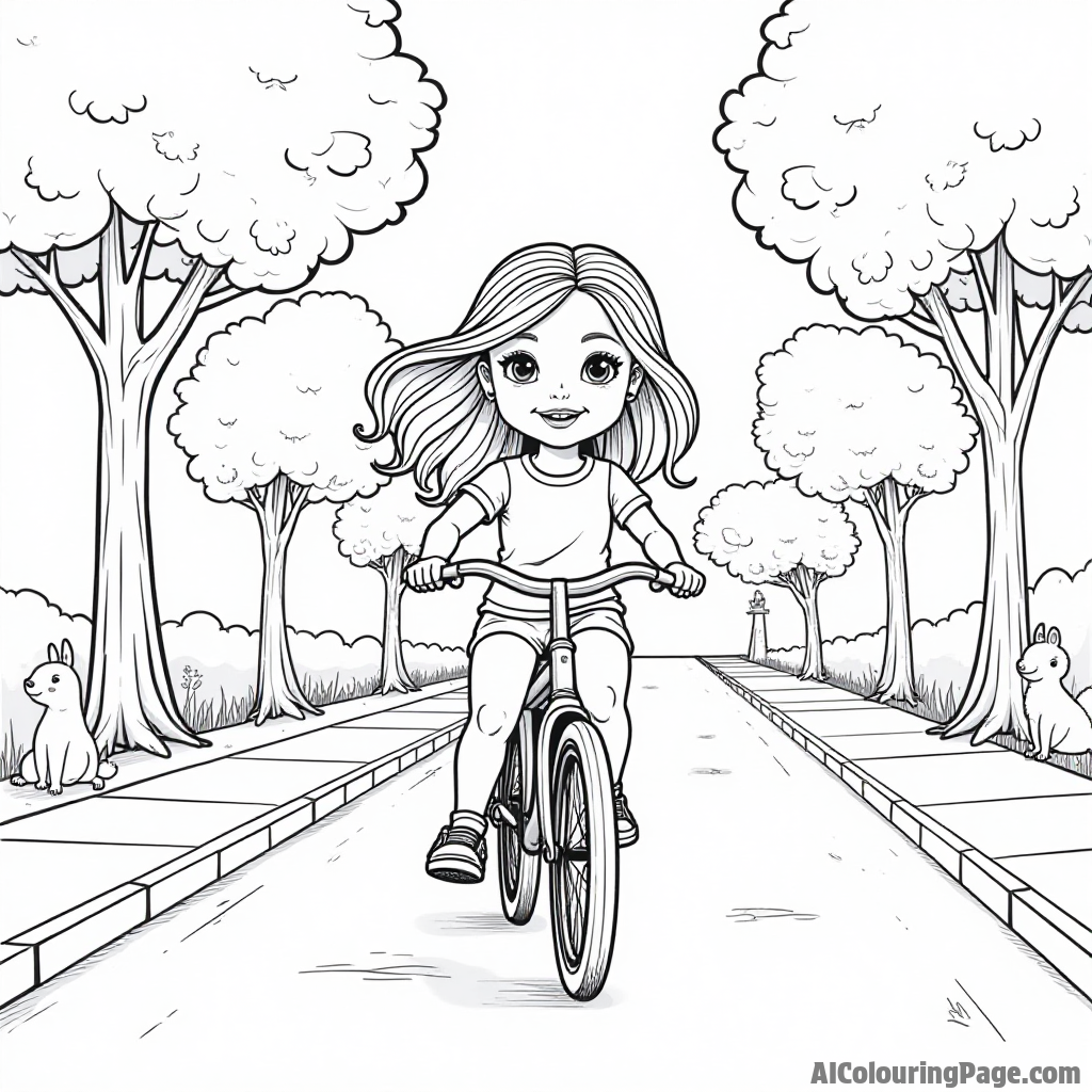 A doll riding a bicycle down a sunny street, with trees lining the sidewalk and friendly animals watching her ride.